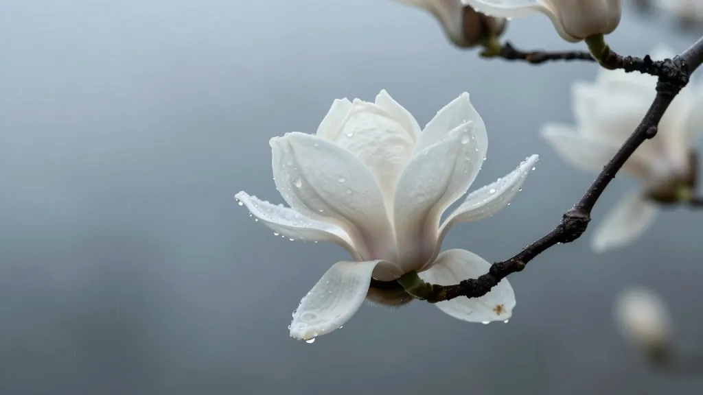 ภาพบุคคลดอกแมกโนเลียที่มีฝนโปรย—ธรรมชาติในฤดูใบไม้ผลิ