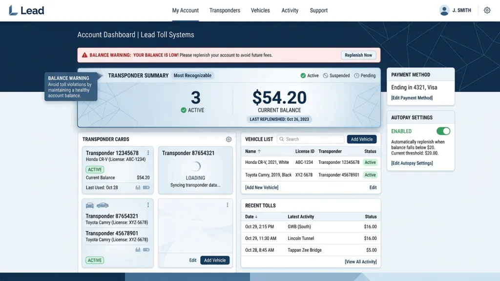 Toll Road Account Manager Web Portal Transponder Summary