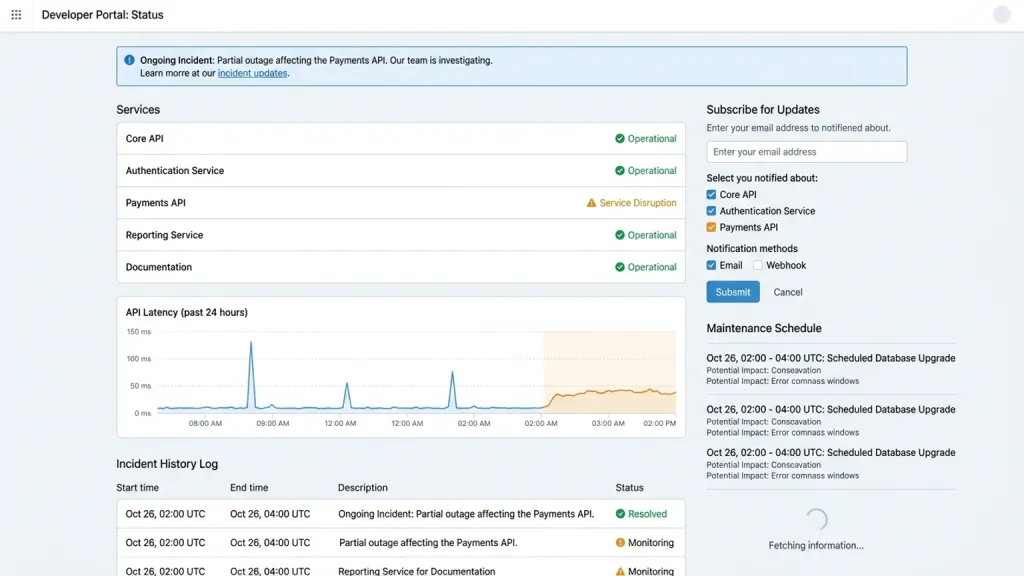 API Uptime Status Page Developer Portal Incident Banner