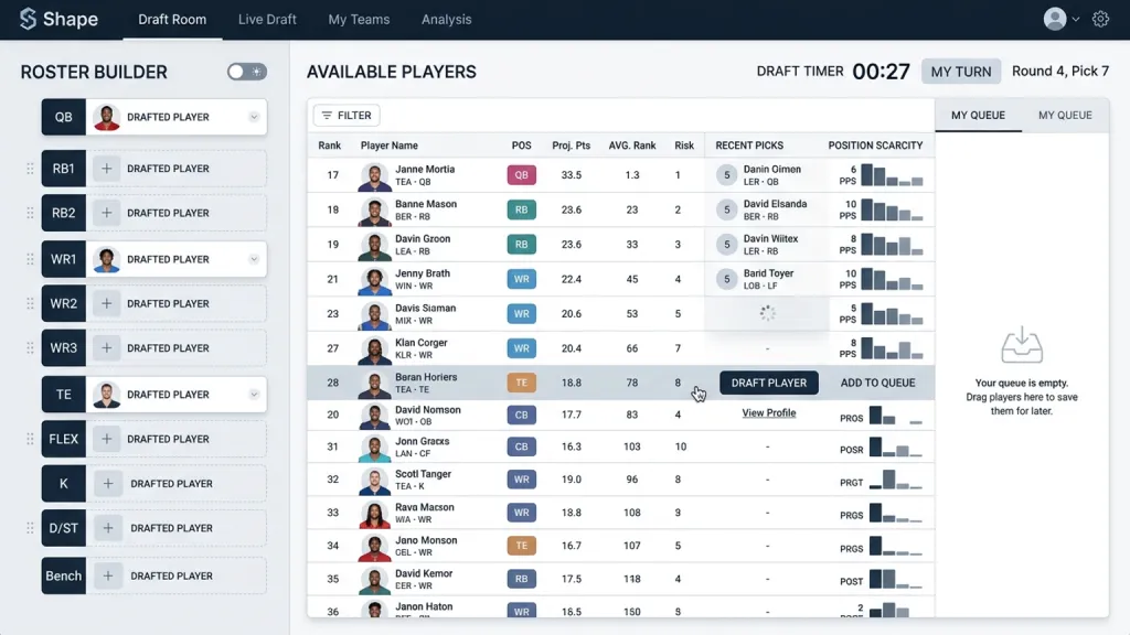Fantasy Sports Draft Web App Roster Builder
