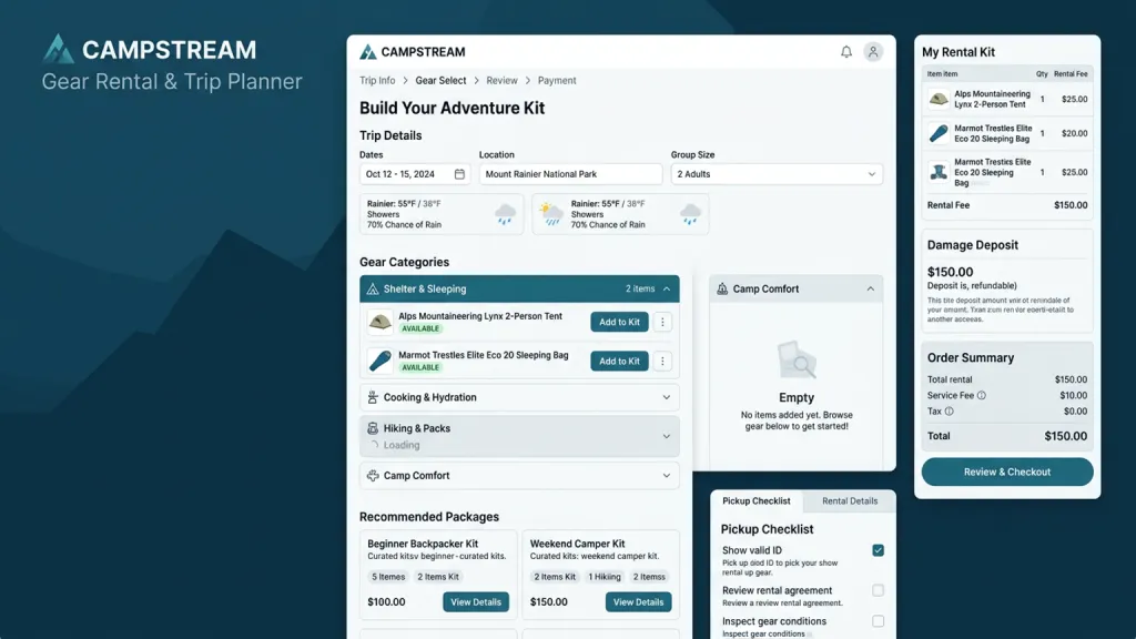 Camping Gear Rental Outdoor App Kit Builder