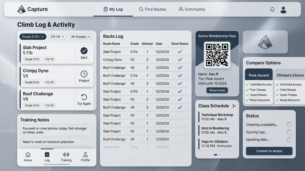 Climbing Gym Membership Mobile App Route Log