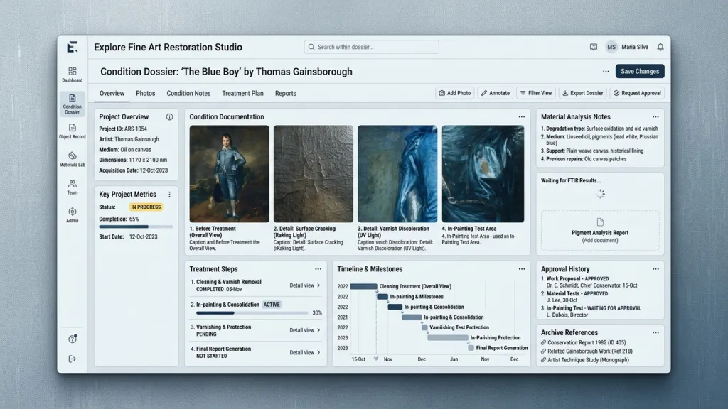 Fine Art Restoration Studio Desktop App Condition Dossier