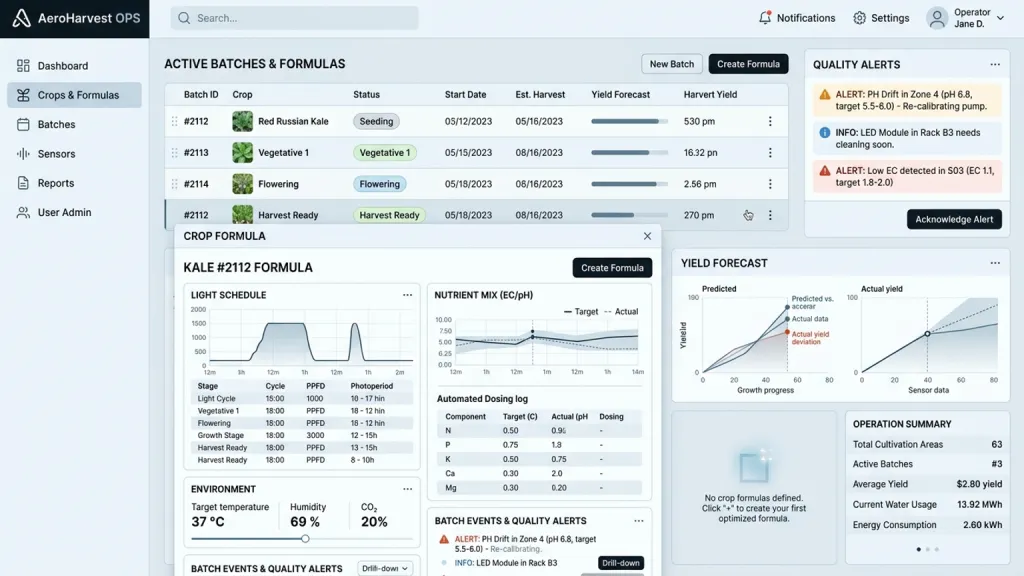 Vertical Farm Recipe Manager Operations Dashboard Crop Formula