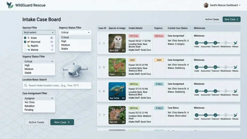 Wildlife Rescue Intake Shelter App Case Board