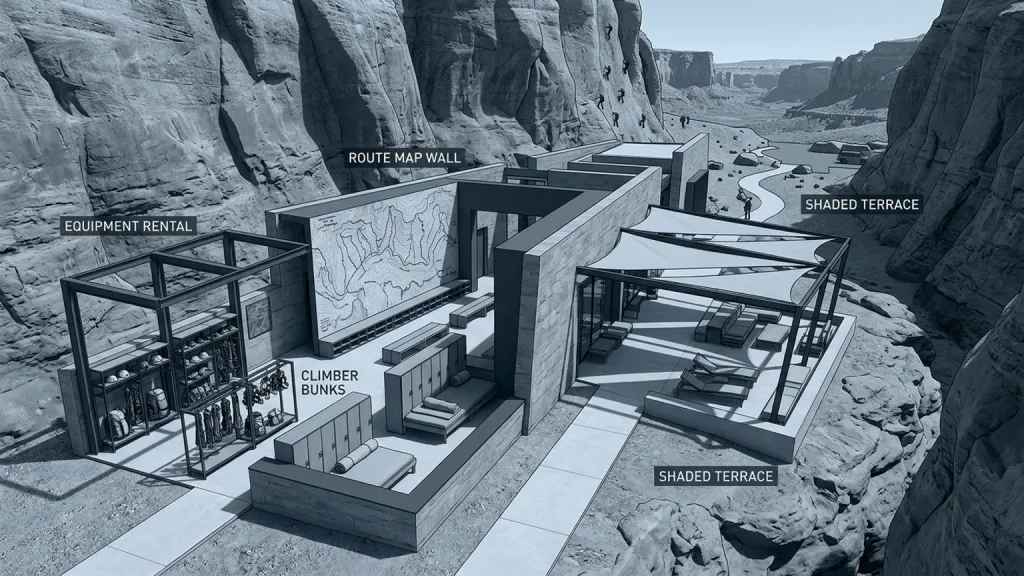 Canyon Rock Climbing Lodge Adventure Hospitality Architecture Gear Room Perspective