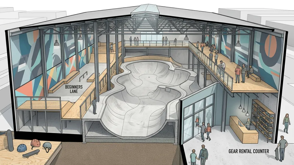 Indoor Skate Hall Youth Sports Architecture Skate Bowl Cutaway