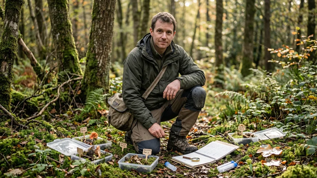 Mycologist Field Researcher Portrait Mossy Forest Floor
