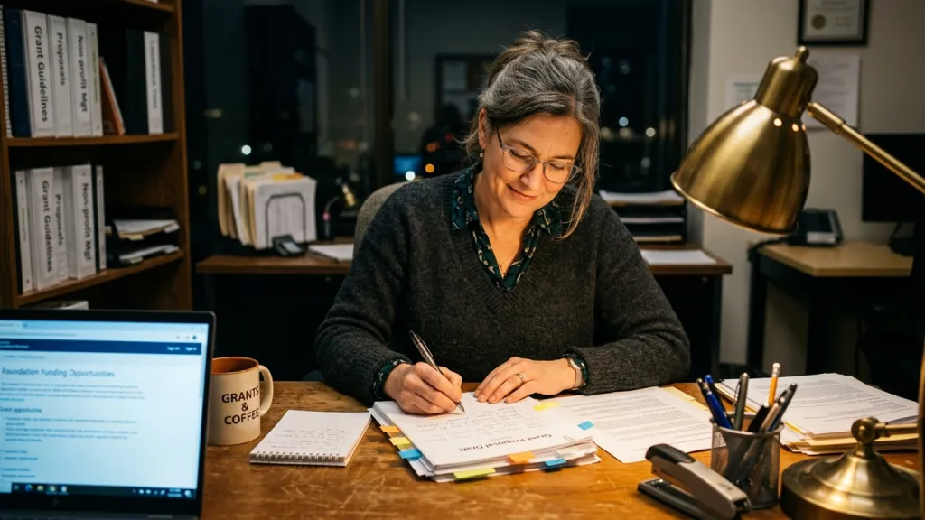Grant Proposal Writer Portrait Late Desk