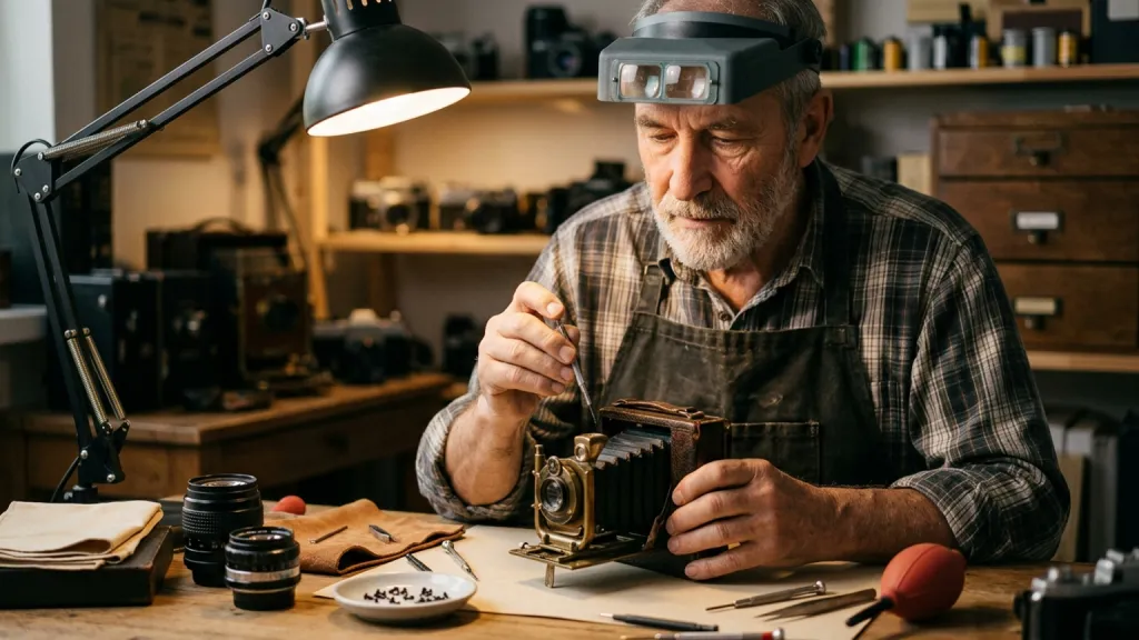 Antique Camera Repairer Portrait Lens Bench