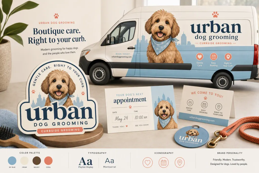 Concepto de envoltura de furgoneta de identidad minorista para peluquería urbana de perros
