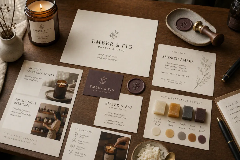 Brand Identity Stationery Flatlay do Estúdio de Velas Artesanais Feito à Mão