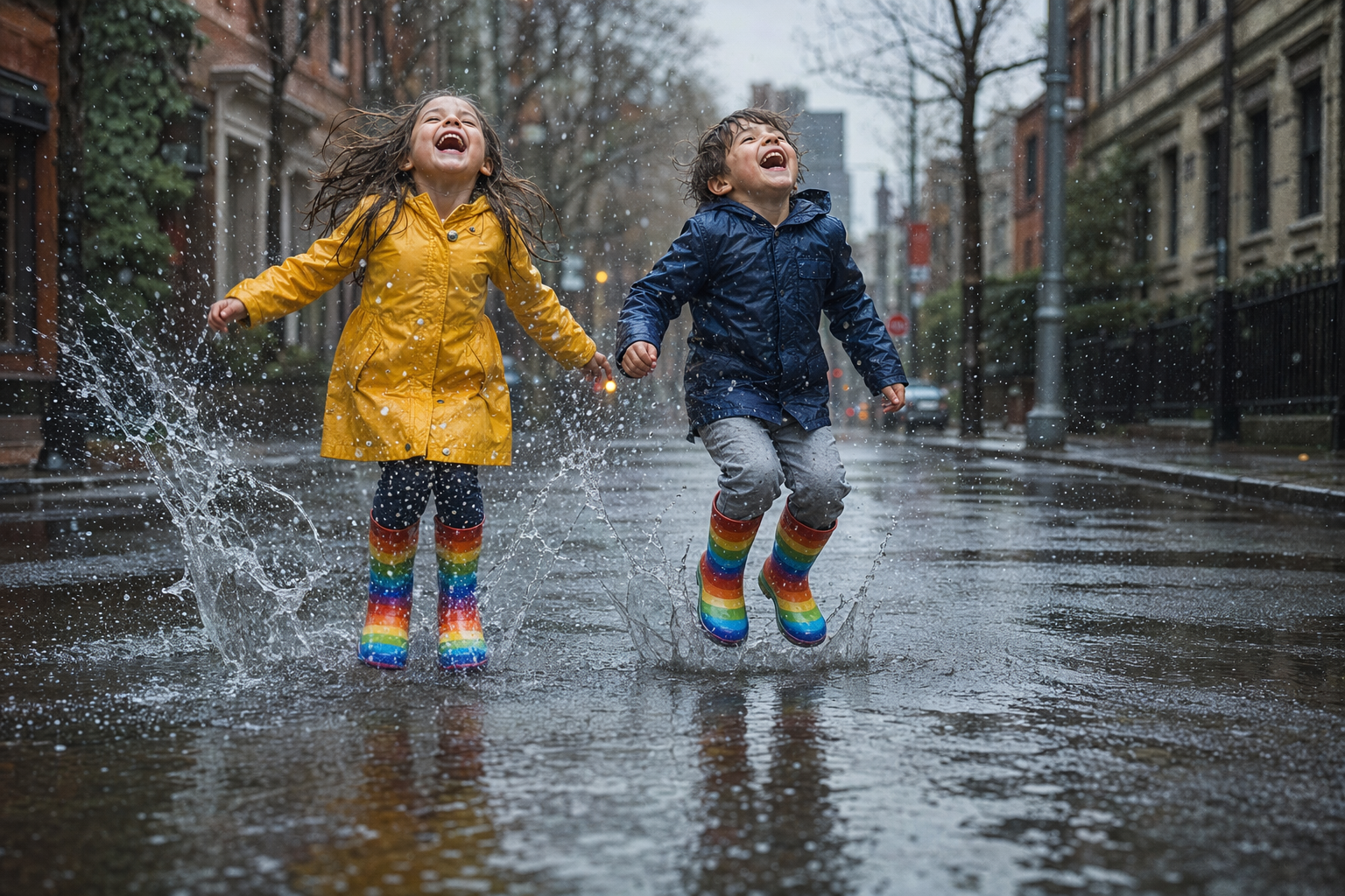 Children Outdoor Puddle Jumping Rainy Day Laughter