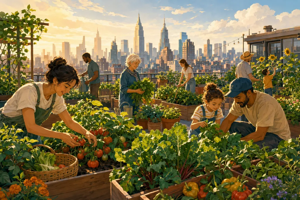 城市屋頂花園收成社區插圖