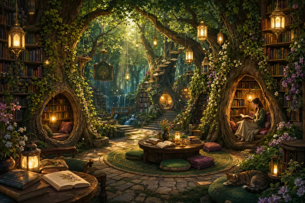 Bibliothèque botanique enchantée et jardin caché