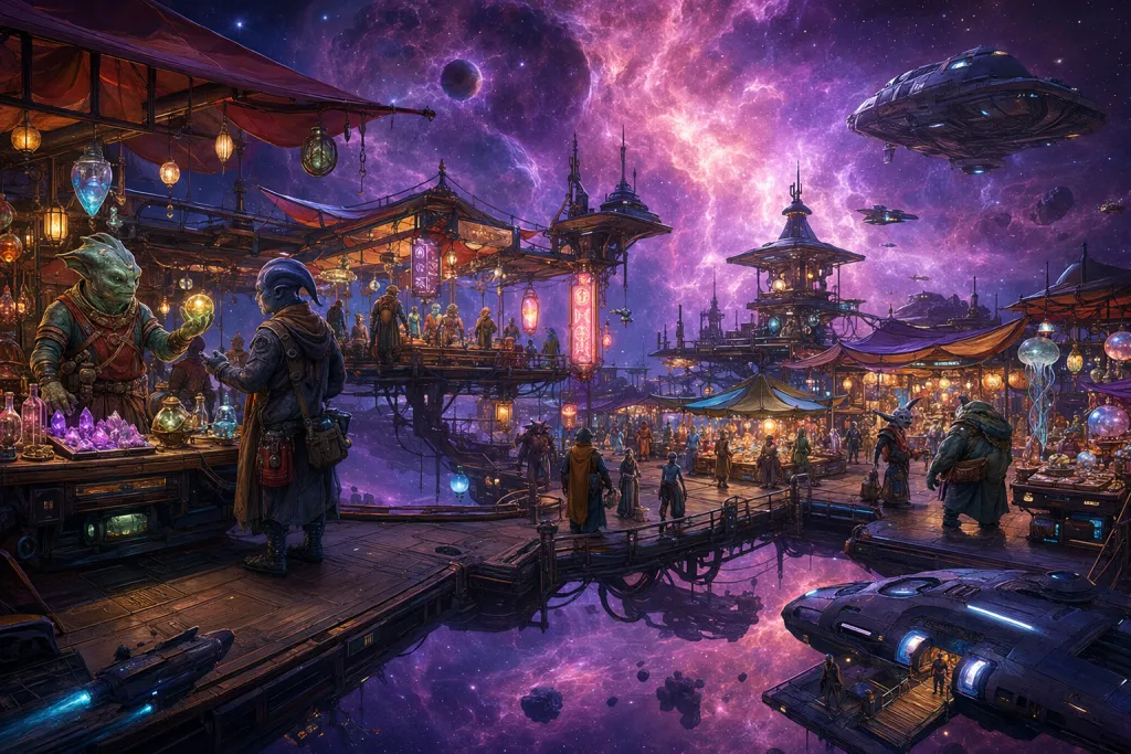 Schwebender kosmischer Marktplatz und Weltraumhandelsposten