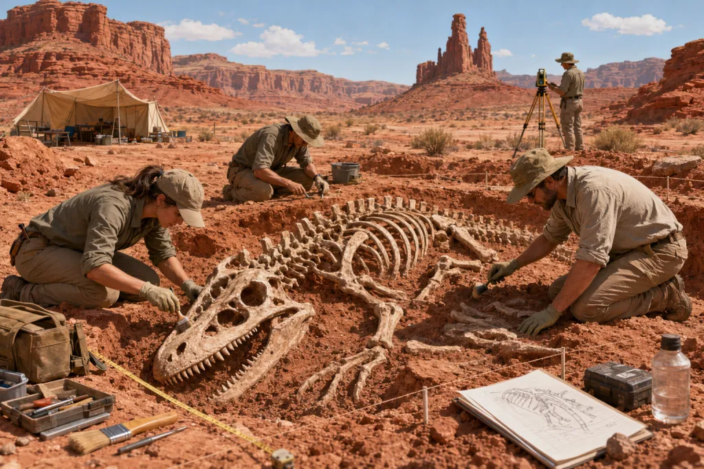 Scena di scavo paleontologico per l'estrazione di fossili nel deserto