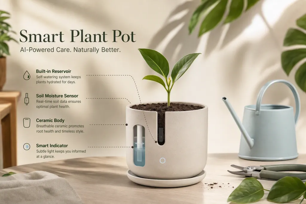 Design-orientierte Hero-Shot-Briefvorlage für Smart Plant Pot und Indoor-Flora