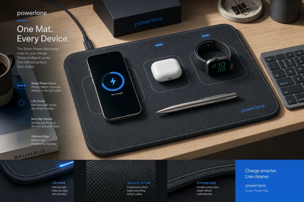บทสรุปผลิตภัณฑ์งานบรีฟภาพพร้อมใช้งานสไตล์บาวเฮาส์สำหรับ Smart Power Mat