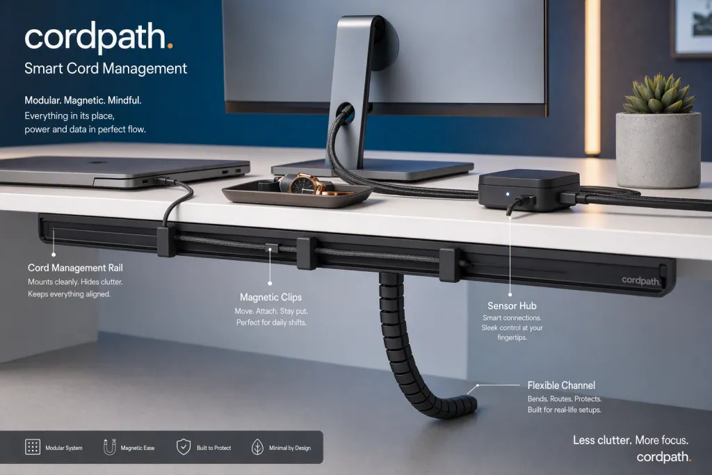 Modernes KI-Briefing für ein Smart Cord Management-Bild für Desk Utility