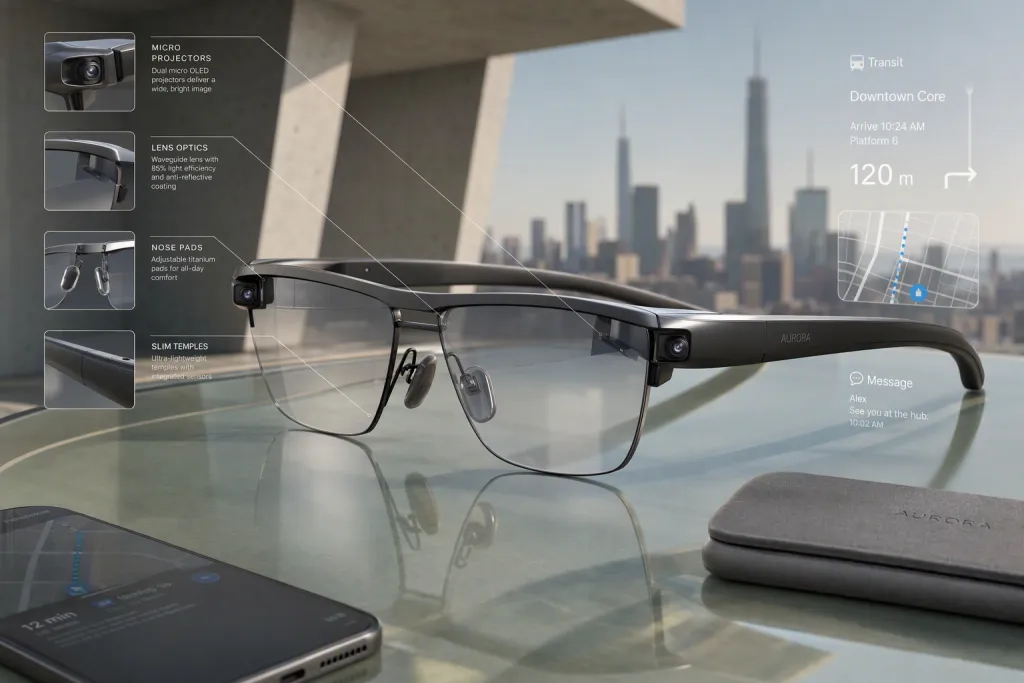 Vitrine portable brutaliste : maquette mettant en vedette des lunettes AR