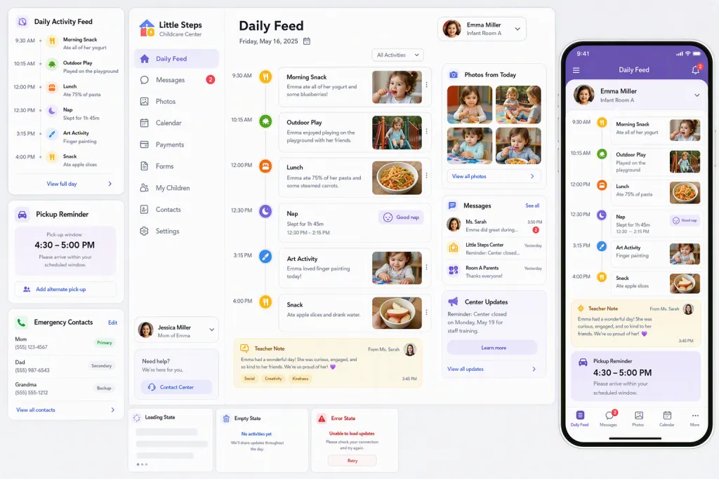 Kinderbetreuungszentrum Eltern-Kommunikations-App täglicher Feed