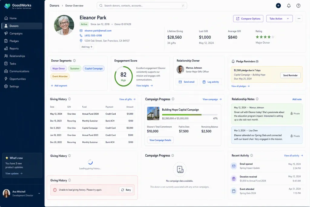 Nonprofit Donor Management CRM Donor Overview