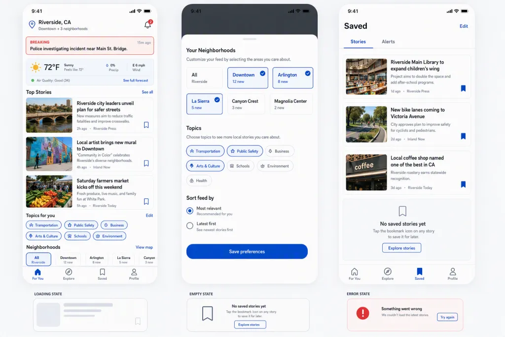 App mobile di lettura notizie locali con feed personalizzato