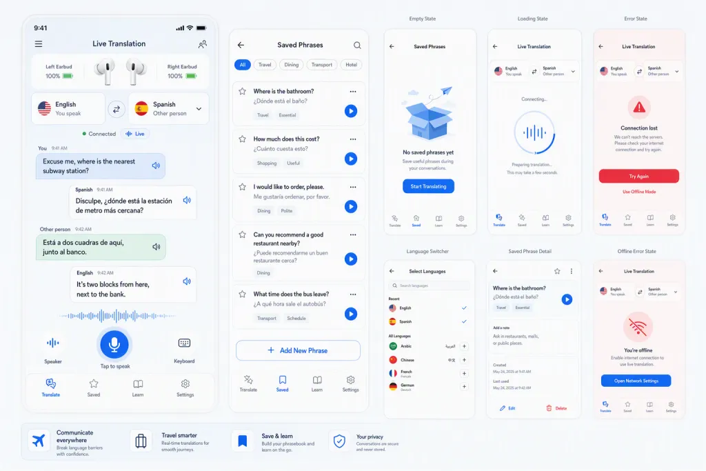 Real Time Translation Earbuds Companion App Live Transcript