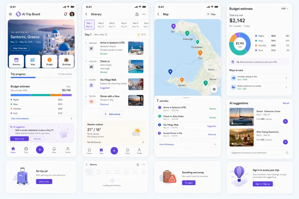 Mobile App „AI Travel Itinerary Generator“ Trip-Board