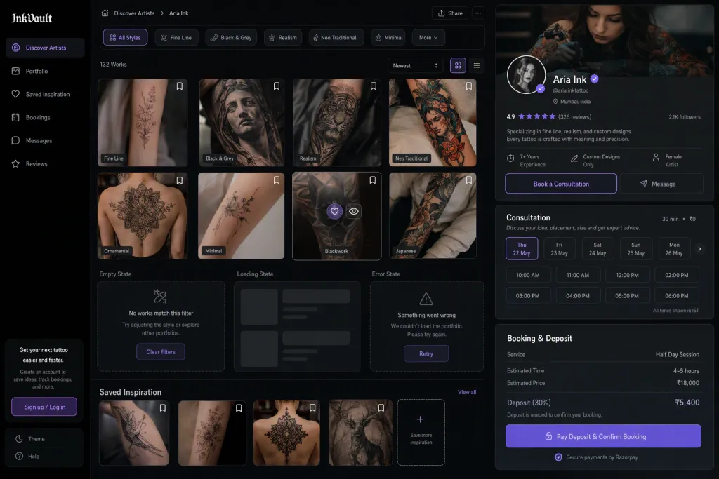 Ứng dụng danh mục đặt lịch thợ xăm Tattoo Artist Booking Portfolio App Portfolio Gallery
