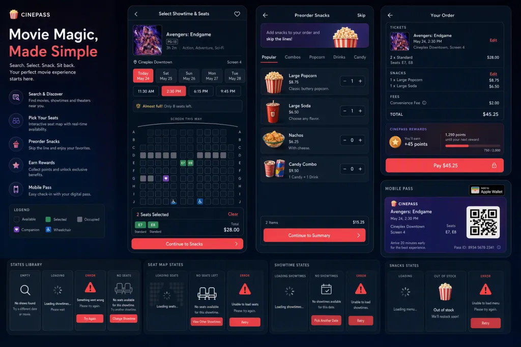 App de reserva anticipada de entradas de cine con selector de asientos
