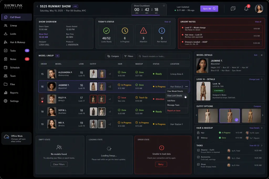 Fashion Runway Backstage-Management Tablet-App Call Sheet
