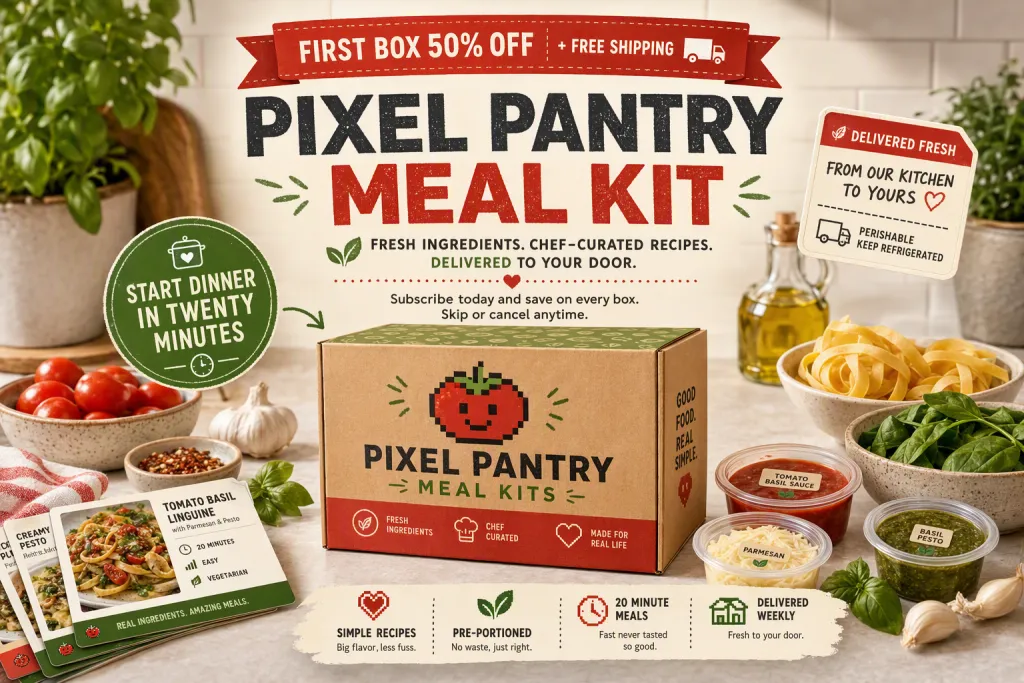 กราฟิกโปรโมชันฟีดกล่องอาหาร Pixel Pantry สำหรับการสมัครรับชุดอาหาร
