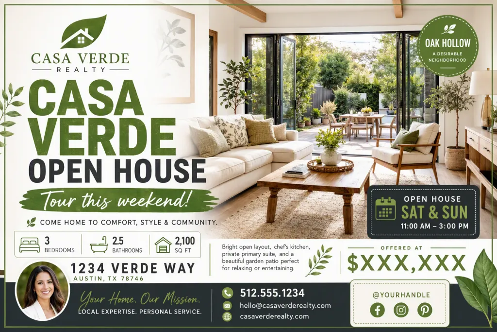 Casa Verde Realty 오픈 하우스 소셜 플라이어