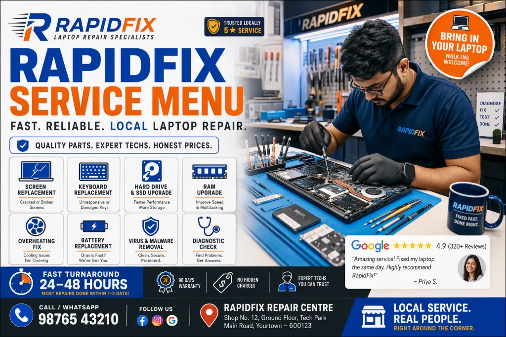 Menu de Serviço de Reparação de Portáteis RapidFix - Anúncio Local