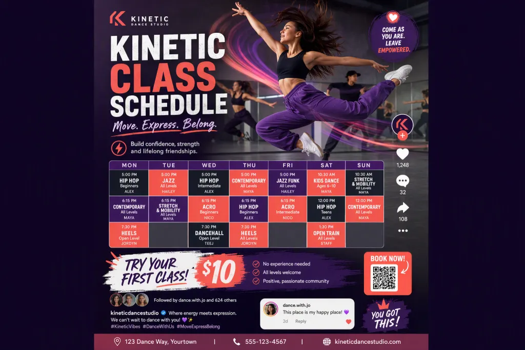 Reels Poster da Programação de Aulas do Kinetic Dance Studio