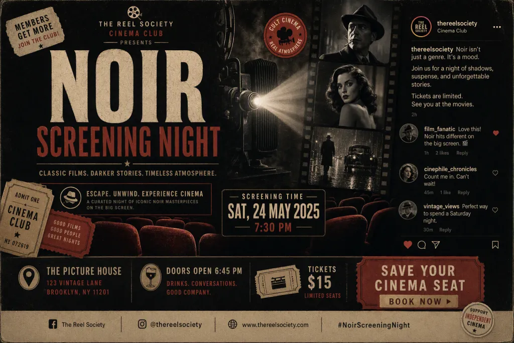 กราฟิกงานราตรีฉายภาพยนตร์ Noir Cinema Club