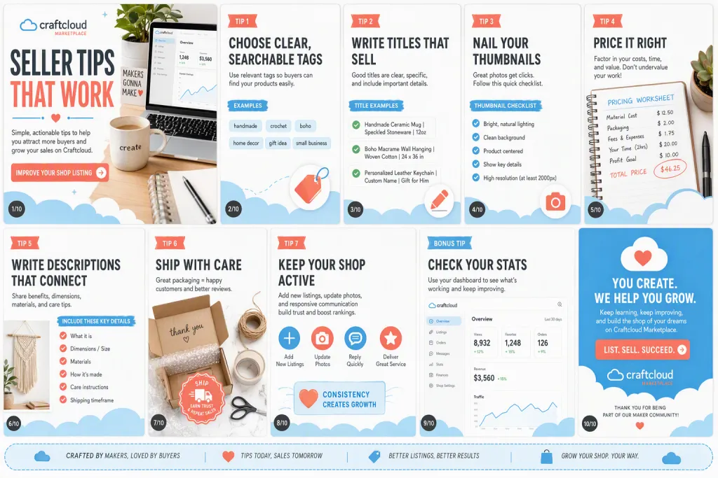 Modelo de Carrossel de Dicas para Vendedores do CraftCloud Marketplace