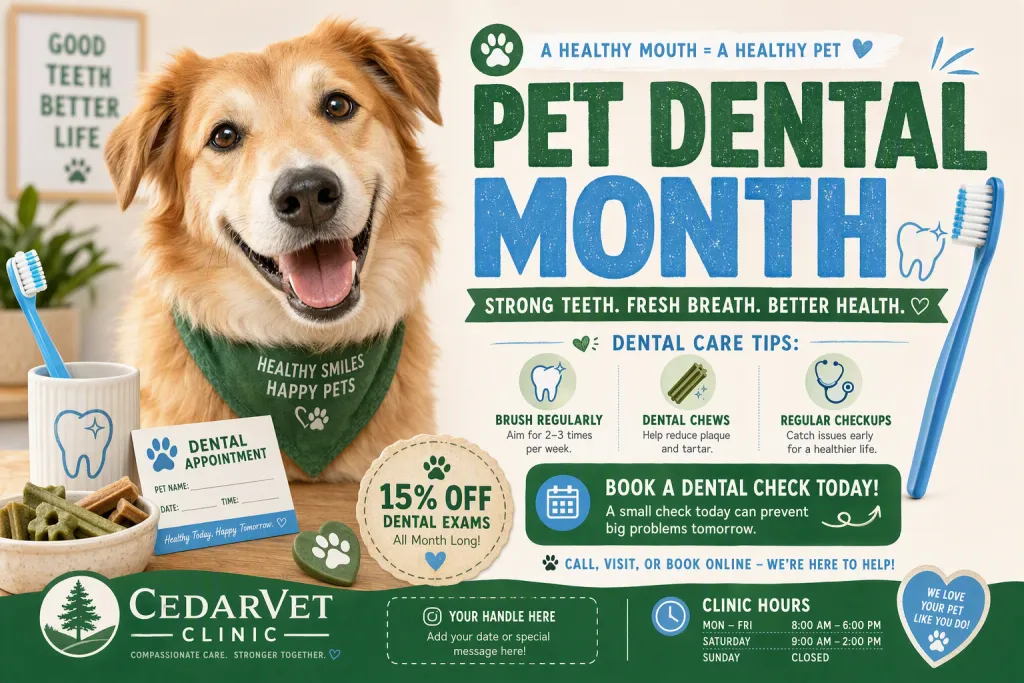 Promemoria del mese della salute dentale per animali CedarVet Clinic