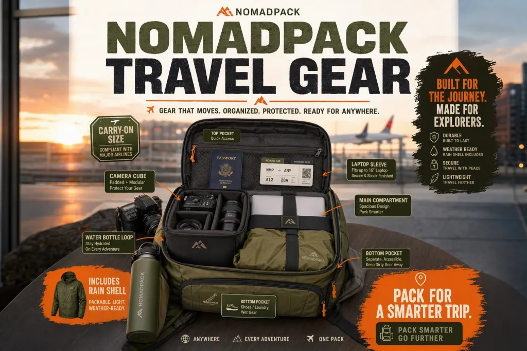 Reel de produto NomadPack Backpack Travel Gear