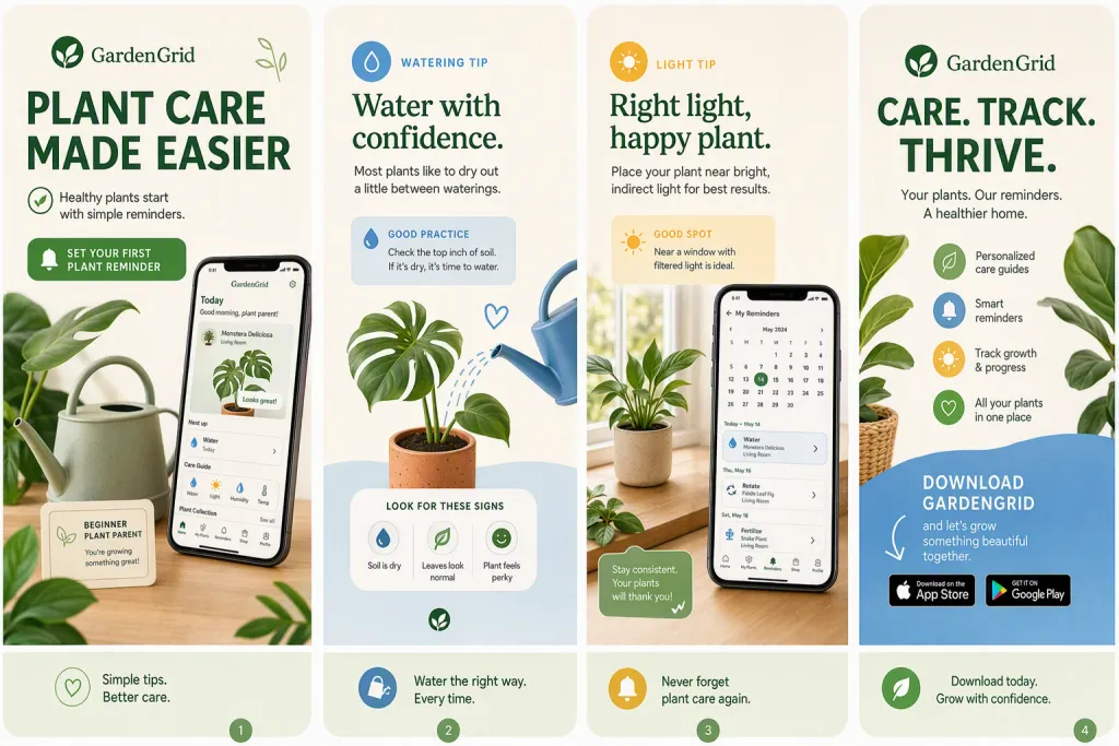Carosello suggerimenti per la cura delle piante dell’app GardenGrid