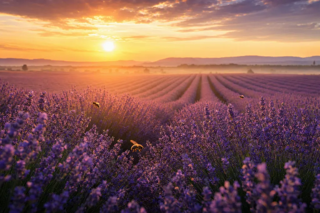Coucher de soleil dans un champ de lavande Nature, décoration murale saisonnière