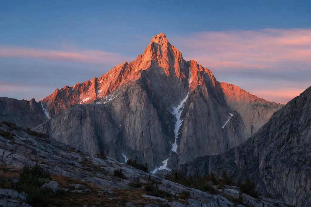 Ritratto verticale della catena Alpenglow Natura Granite Peak al tramonto