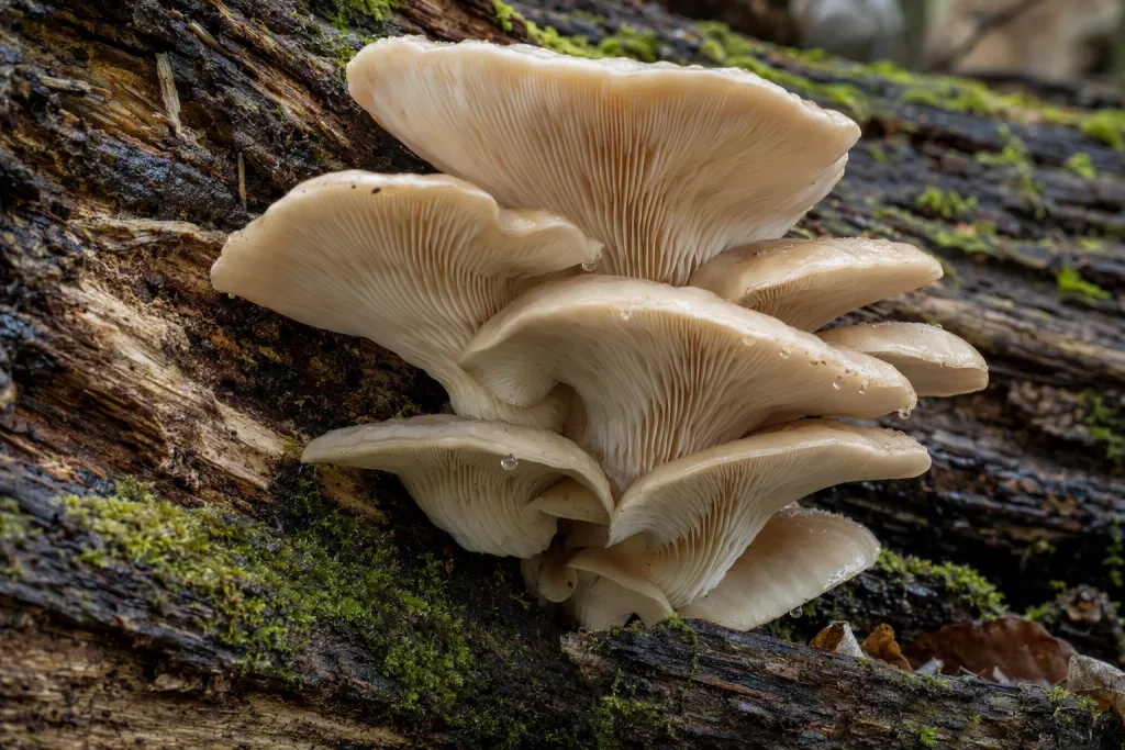 Austernpilz-Holzstamm Natur Waldpilz Makro