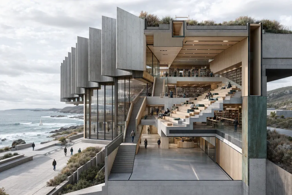 Brutalist Coastal Library Civic Architecture Section Perspective