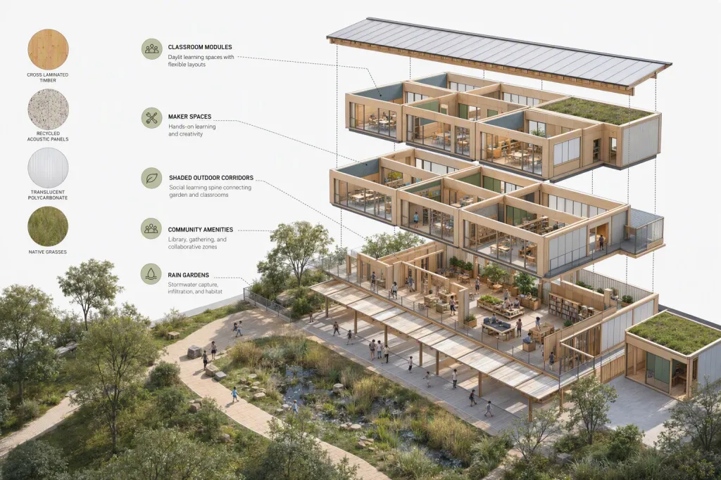 Modular Timber School Educational Architecture Exploded Axonometric