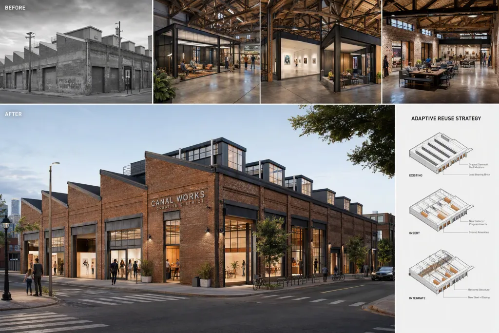 Adaptive Reuse Warehouse Renovation Architecture Before After Collage