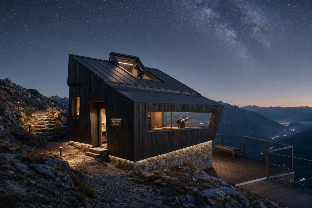 Mountain Observatory Cabin Remote Architecture Starry Night Elevation