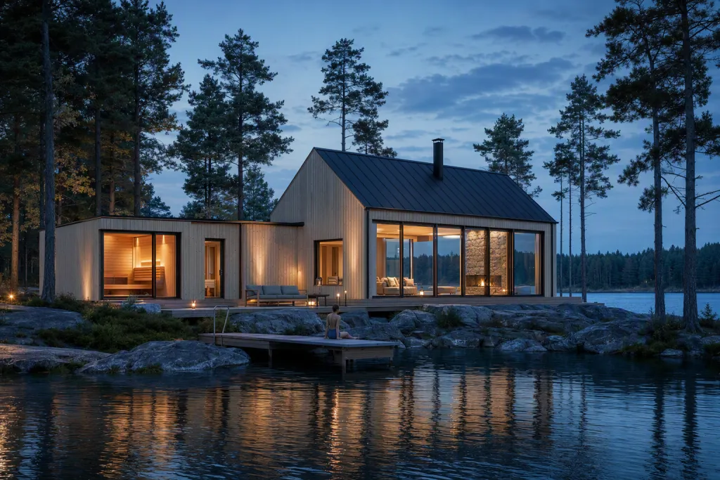 Scandinavian Lake House Residential Architecture Lakeside Facade Portrait